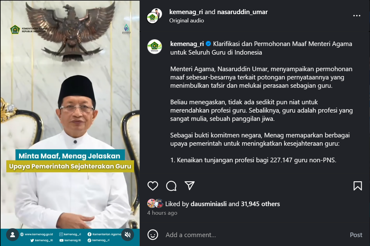 Menag Nasaruddin Umar minta maaf (Instagram)